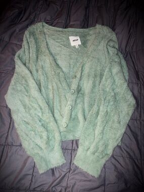aerie Fuzzy Light Mint Green Button-Front Cardigan